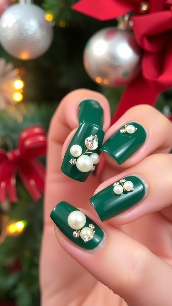 Elegant green Christmas nails with pearl accents on a festive background.